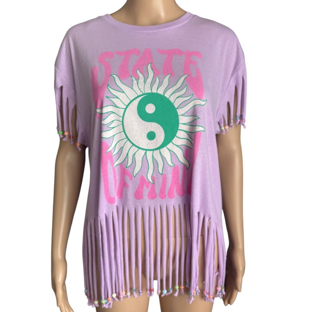 Upcycled Fringe Beaded Graphic Tee Sun Yin Yang Festival Rave Y2K 90s Top L